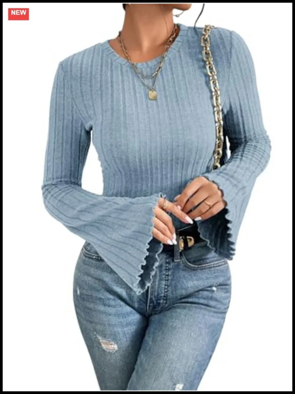 Women's Ribbed Knit Bell Sleeve Pullover Sweater Lightweight